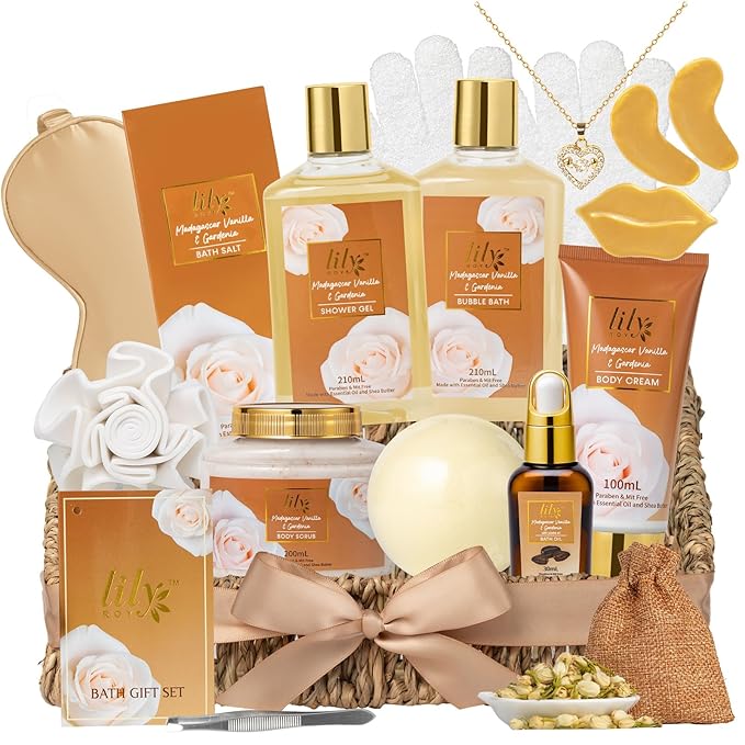 Valentines Day Gifts for Women - 17Pcs Vanilla Bath and Body Gift Basket Set for Women Spa Gift Baskets Spa Kit | Gifts for Christmas, Mothers Day, Birthday Gift, Self Skin Care Gift Sets for Her