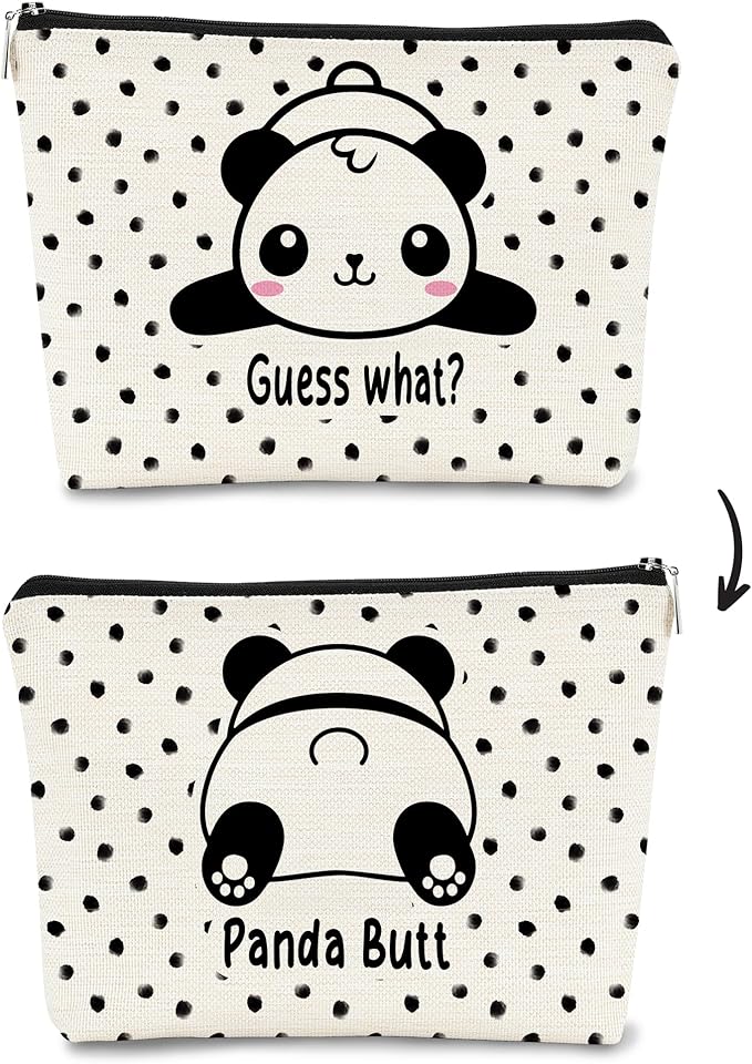 BARPERY Panda Gifts Makeup Bag for Women Girls - Cute Baby Panda 'Guess What It's Pug Butt' Cosmetic Case for Teens Daughter - Accessories (Black and White Dots 1)