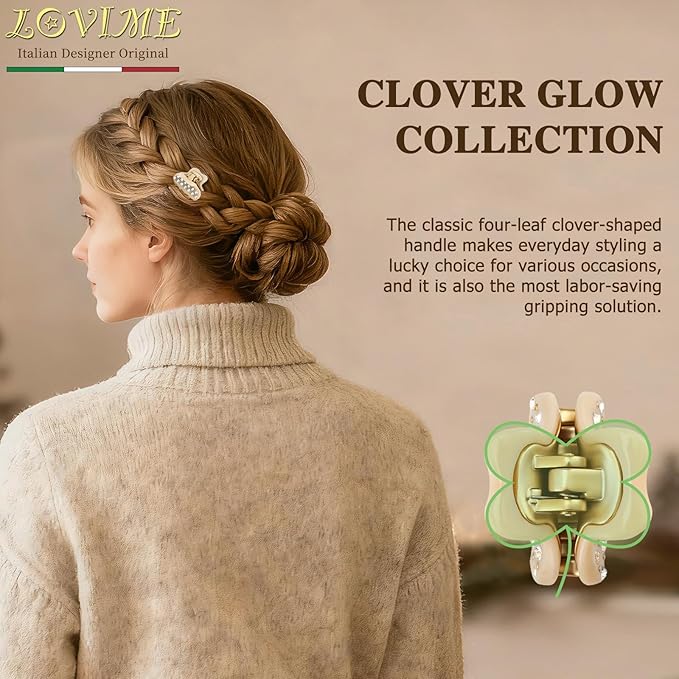 1.2" Mini Clover Claw Clips for Girls Kids - 18K Gold Plated Small Beige Hair Clips for Side Bangs & Braids, Rhinestone Hair Accessories for Fine Hair, Cute Birthday Gift for Daughter