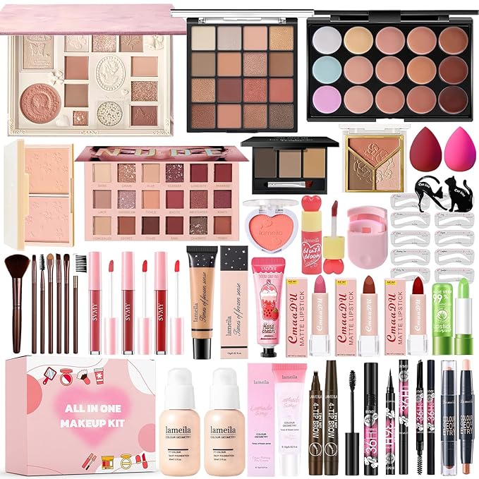 All in One Makeup Kit Makeup Set for Women Full Kit, Make Up Gift Set for Women Teens Girls, Makeup Essential Bundle Includes Eyeshadow Foundation Lipsticks Mascara Eyeliner Cosmetic Brush Set