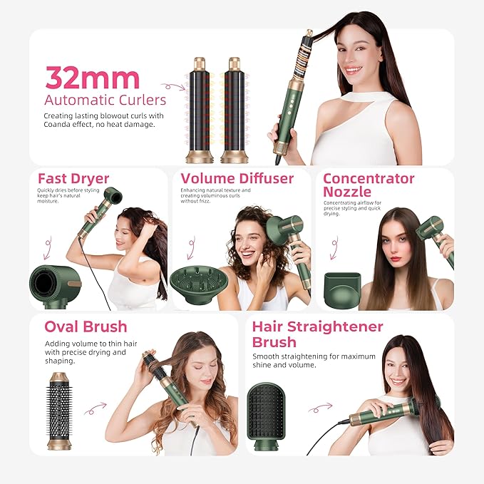 7 in 1 Blow Dryer Brush, Air Wrap Brush Set Hair Dryer Brush 110,000 RPM with Negative Ion Hair Styler Dry, Curling, Volumizing, Straightening and Styling (Green)
