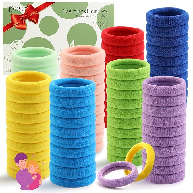 100 Pcs Thick Seamless Hair Ties, Ponytail Holders Hair Accessories No Damage for Thick Hair Valentine's Day Gift(Rainbow Colors)