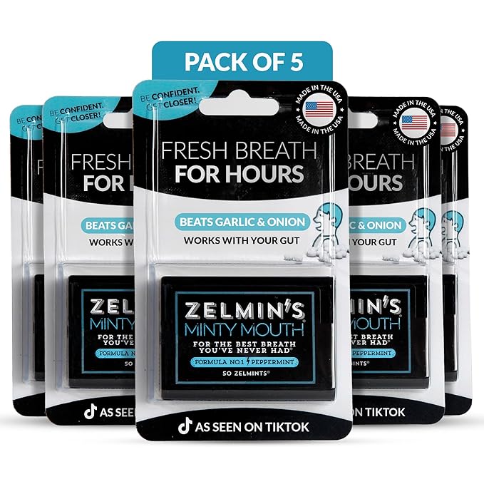 Zelmin's Minty Mouth Breath Freshener - (5 Pack) Long Lasting Bad Breath Treatment for Adults, Instant Freshness Helps with Dry Mouth, Natural Breath Mints for Travel, Alcohol-Free, Keto, Gluten-Free