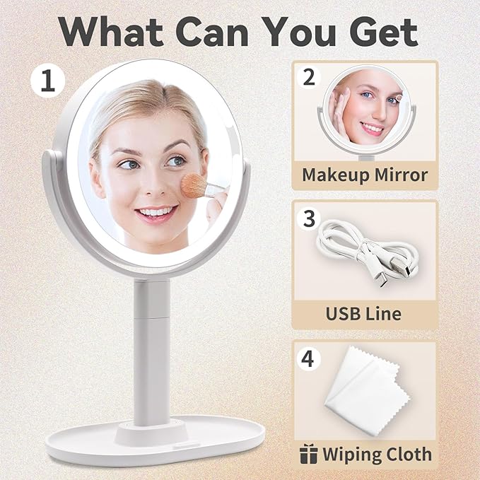 Makeup Mirror with Lights, Double Sided 1x/10x Magnifying Mirror，Rechargeable 3 Color Lights & Adjustable Brightness and Height LED Vanity Mirror, 360° Rotation Detachable Travel Make Up(White)