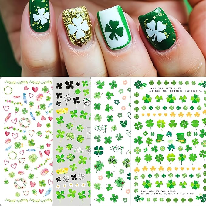 8 Sheets St. Patrick's Day Nail Art Stickers Green Shamrock 3D Self-Adhesive Nail Decals Four Leaf Clover Nail Supplies Lucky of Irish Spring Summer Lucky Leaf Nail Decor for Women Manicure DIY