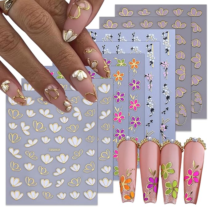 8 Sheets Flowers Nail Art Stickers Decals 3D Self Adhesive Nail Design Spring Summer Flower Nail Decals for Women DIY Manicure Tip Pink Gold Green Purple White Floral Nail Decoration