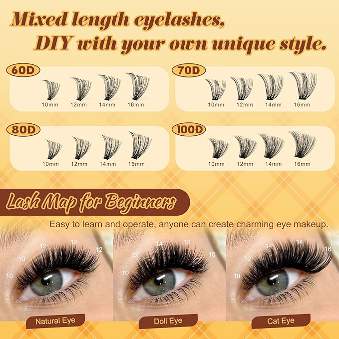 QUEWEL 320PCS Lash Clusters Kit 60D+70D+80D+100D Lashes Clusters Kit 10-18mm Cluster Lashes Individual Eyelash Clusters Reusable for Natural DIY Cluster Eyelash Extensions for Beginners