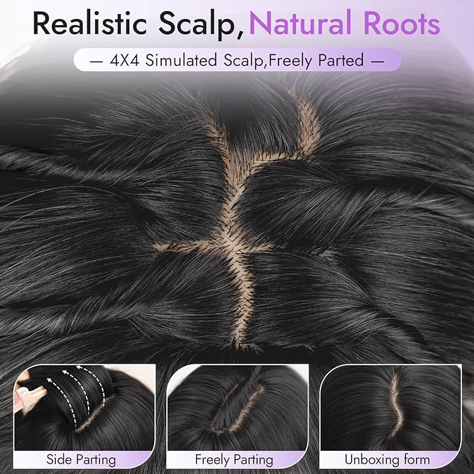 Long Black Wig with Bangs for Women, 4x4 Realistic Scalp,Free Parting, Layered Hairstyle Synthetic Heat Resistant for Daily Party Use 26 inch