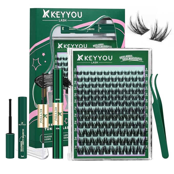 KEYYOU LASH Lash Clusters Kit Manga Lashes 8-18mm C Curl Wispy Lash Cluster Ultra-Thin Natural Lash Cluster with Spike Eyelash Extension 120pcs Fairy False Eyelash with Remover Bond and Seal（F04 Kit）