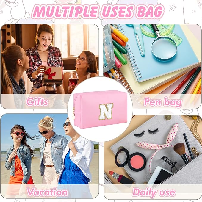 URSKYTOUS Initial Makeup Bag Personalized Preppy Travel Small Cosmetic Bag Cute PU Pink Chenille Letter Makeup Pouch for Purse Waterproof Zippered Toiletry Organizer for Women Girls Kids Friends (N)