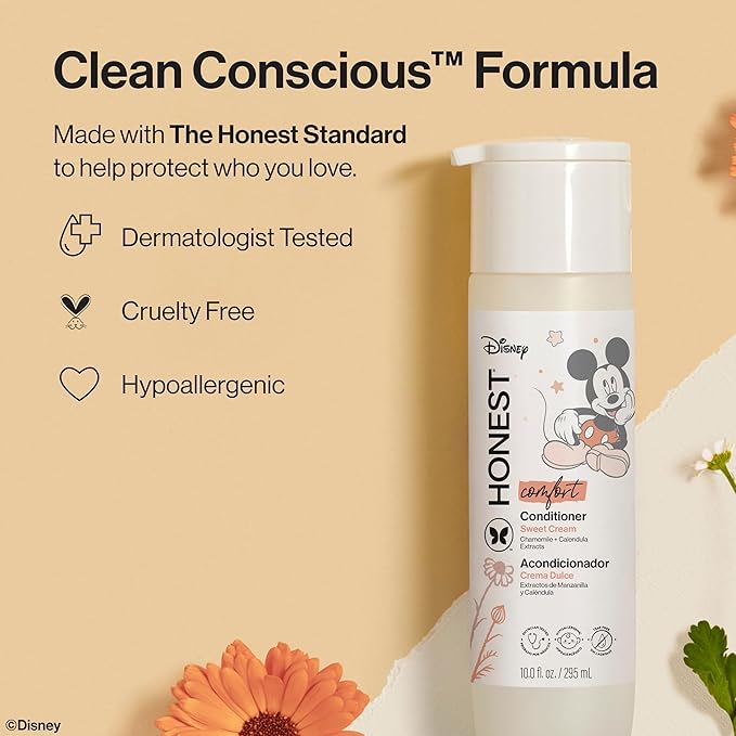 The Honest Company Silicone-Free Conditioner Gentle Enough for Baby Dermatologist Tested Tear Free Hypoallergenic Disney’s Mickey Mouse Comfort Sweet Cream 10 fl oz