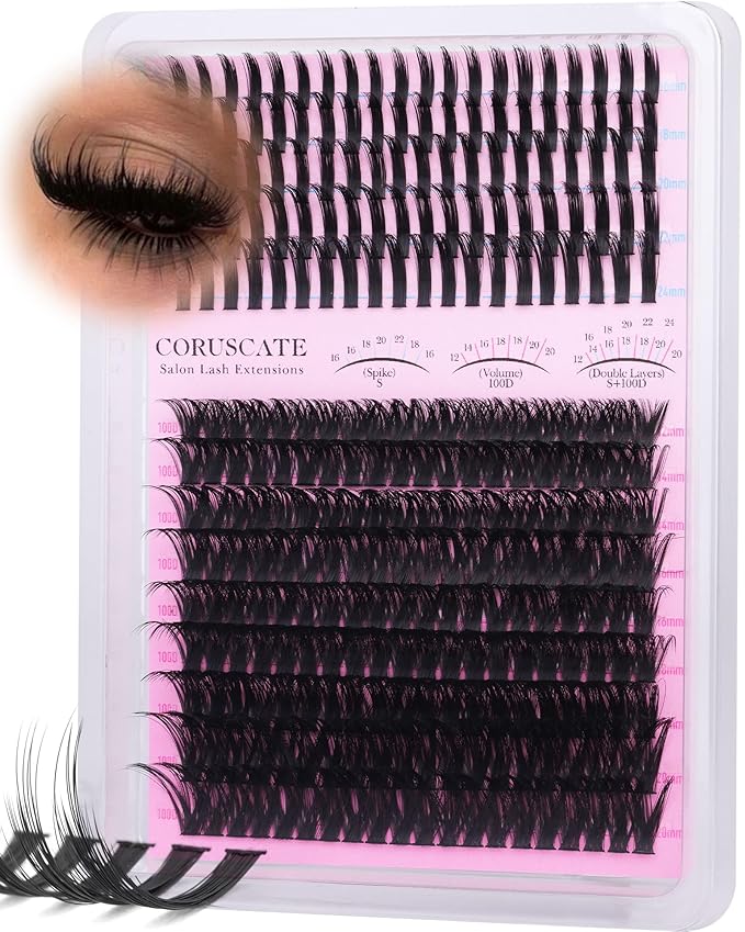 CORUSCATE Lash Clusters with Spikes Cluster Eyelash Extensions 100D Professional Lash Extension Spike Lashes Long 12-24mm Eyelash Clusters Mega Style Individual Lashes Strip Mink Dramatic DIY Eyelash