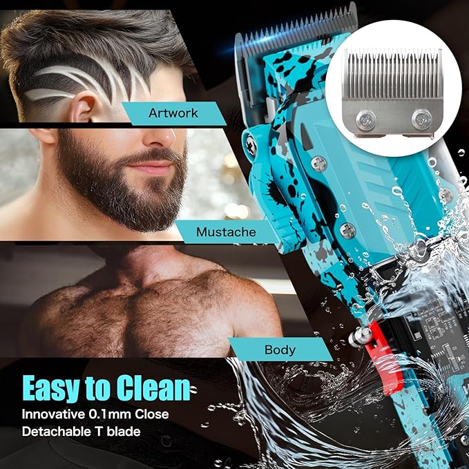 Professional Hair Clippers for Men, Cordless Barber kit for Hair Cutting & Grooming, Hair Clippers Set for Barber Haircut with LED Display 8 Fade Taper Combs(Blue)
