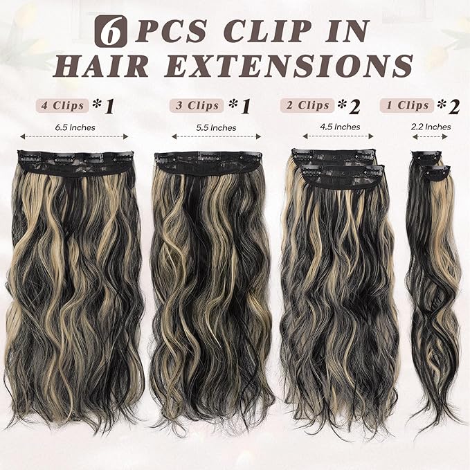 BARSDAR Black with Blonde Highlight Wavy Clip in Hair Extensions - Beach Wavy Clip in Hair Extensions for Women - 16 Inch 6 PCS Thick Soft Synthetic Highlights Hairpieces Daily Party Halloween