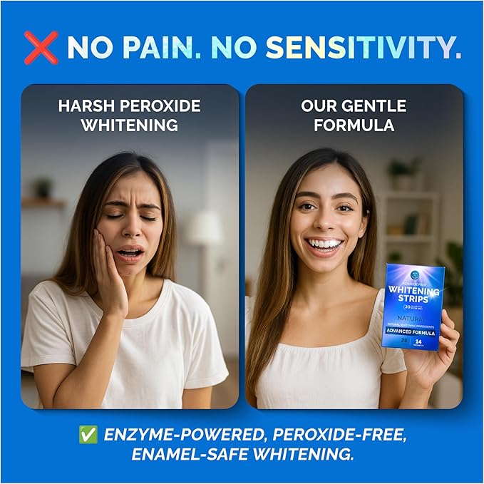 Whitening Strips for Sensitive Teeth 14 Treatments, Coconut – Enamel Safe, Peroxide-Free Coconut Teeth Whitening Strips with Natural Enzymes – Gentle White Stips for Sensitive Gums & Daily Oral Care