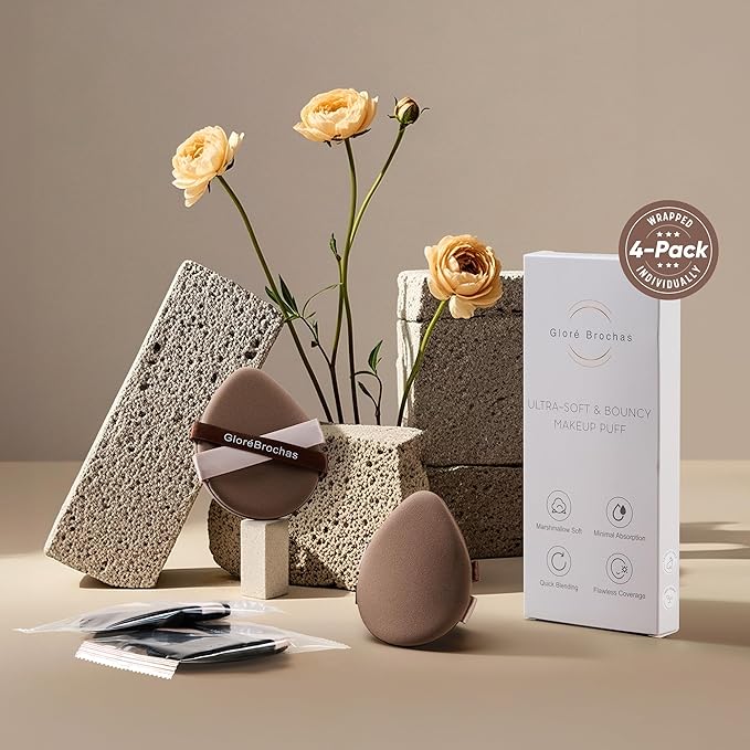 Makeup Sponge Set, GloréBrochas 4PCS Micro Porous Low Absorption Foundation Sponges, Latex-Free PU Cushion Puff, 3.2inches Soft Dual-Sided Brown Powder Puff for Face Powder, Individually Wrapped