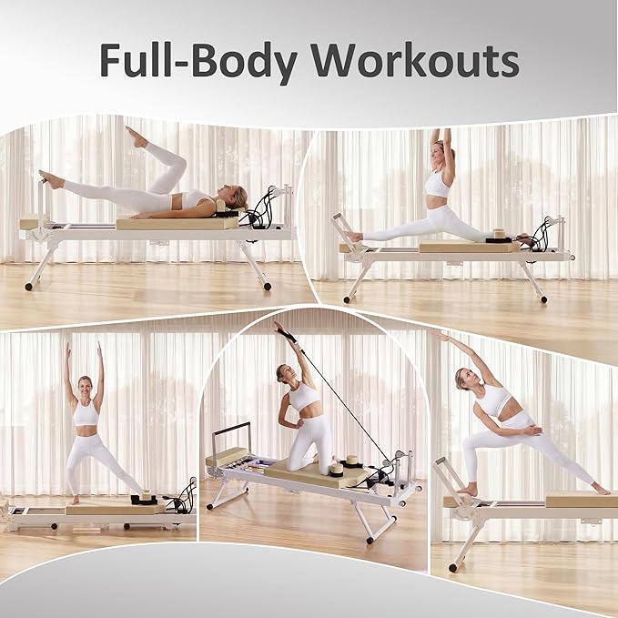 Pilates Reformer Machine, Foldable Pilates Equipment for Home Use and Gym Workout, Adjustable Resistance, 330 lbs Weight Capacity, for Advanced and Beginners Users