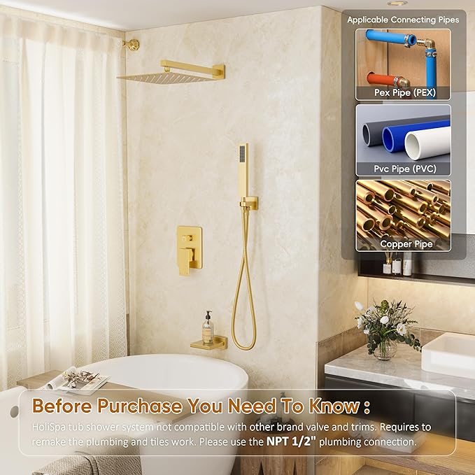 HoliSpa Gold Shower System with Tub Spout, All Metal Tub Shower Faucet Set with 10" Rain Shower Head and Handheld Spray combo, Wall Mounted Tub Shower Systems with Valve and Trim Kit, Brushed Gold