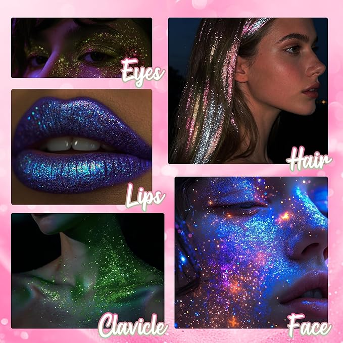 Flamingo Rolling Glitter for Face Body & Hair, Sparkling Holographic Chunky Shimmer, Roll-on Sequins for Singer Concert Rave Festival Halloween Party Carnival, 1.35fl.oz
