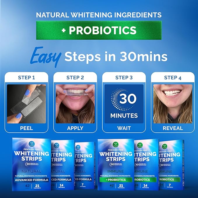 Teeth Whitening Strips by Pop On, 14 Strips, 7-Day Treatment, Non-Slip, Sensitive Teeth Whitening Strips, Made with Natural Ingredients, Mint Flavor, with Essential Probiotics, Hydrogen Peroxide Free