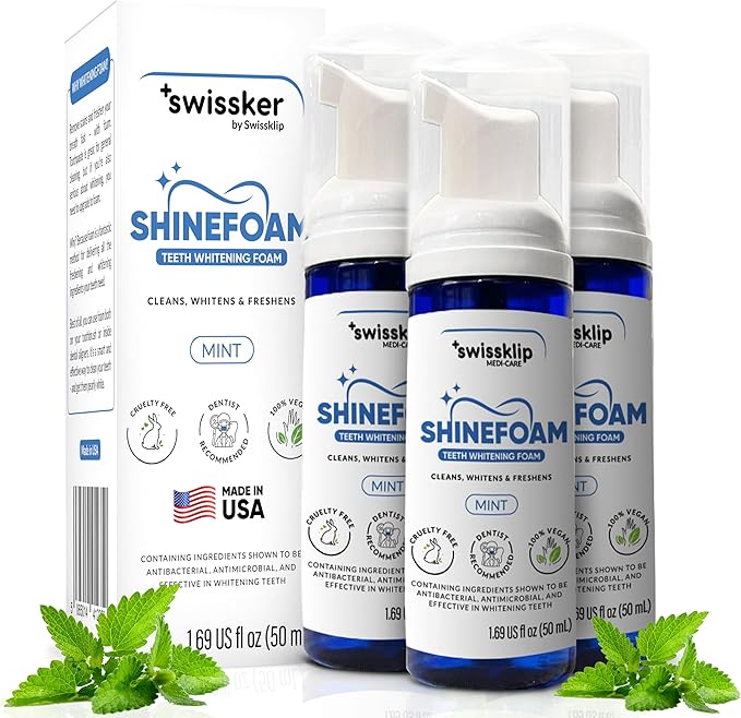 Swissker by Swissklip ShineFoam | Teeth Whitening Foam | Mint Flavor Whitening Toothpaste | Teeth Whitener I Professional Teeth Whitening Kit | 100% Vegan - Made in USA - 1.69 oz - Pack 3
