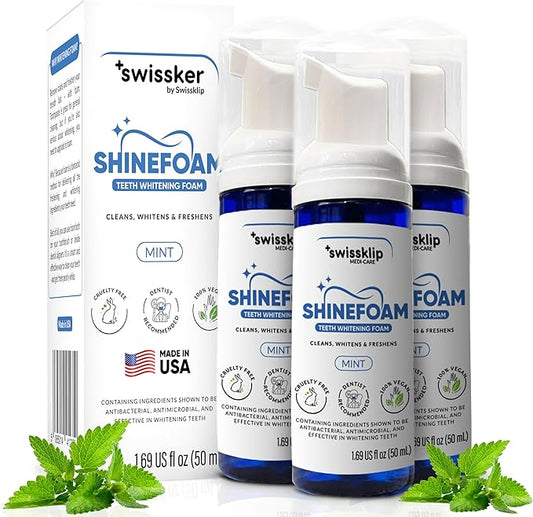 Swissker by Swissklip ShineFoam | Teeth Whitening Foam | Mint Flavor Whitening Toothpaste | Teeth Whitener I Professional Teeth Whitening Kit | 100% Vegan - Made in USA - 1.69 oz - Pack 3