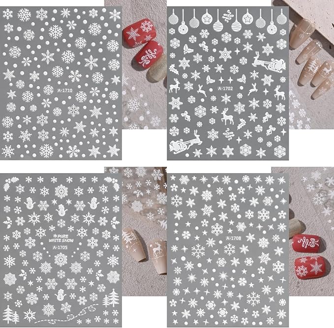 12 Sheets Christmas Nail Art Stickers 3D Holiday Stickers Self Adhesive Christmas Nail Decals Snowflake Art Supplies Decoration Accessories for Women & Girls