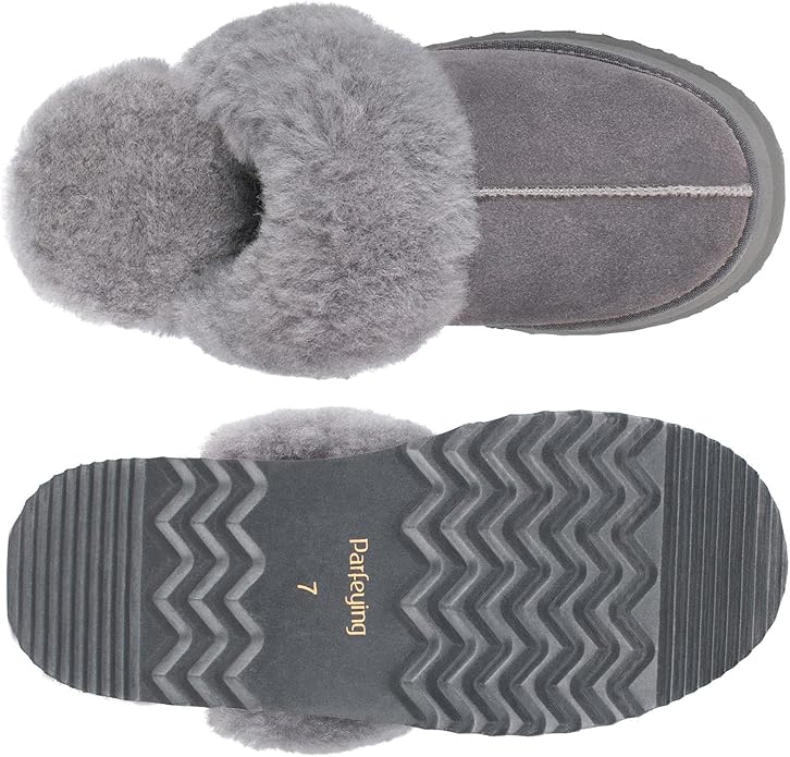 Parfeying Women's Shearling Slippers Genuine Leather with Rubber Sole, Sheepskin Fuzzy Indoor Outdoor Shoes for Home