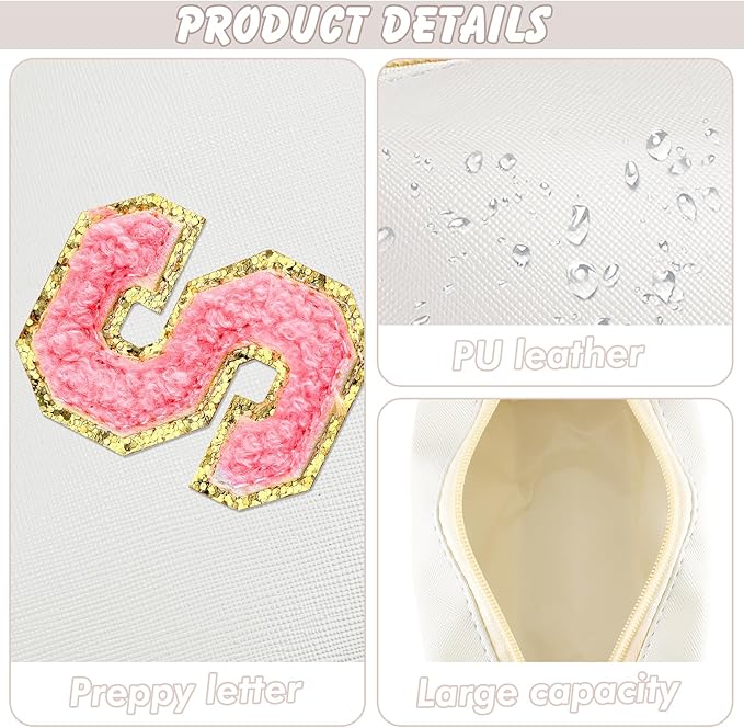URSKYTOUS Initial Makeup Bag Personalized Preppy Travel Small Cosmetic Bag Cute PU White Chenille Letter Makeup Pouch for Purse Waterproof Zippered Toiletry Organizer for Women Girls Kids Friends (S)