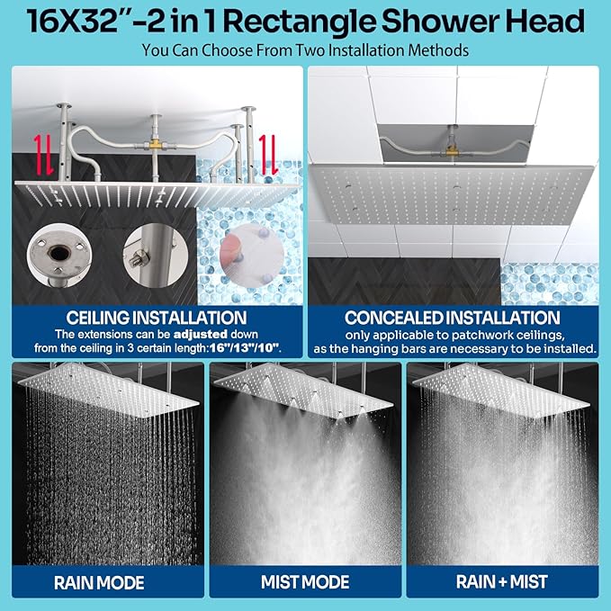 HOMEDEC Couples Luxury Shower System, 16x32" Rain and 6" Side Shower Heads, 4-Way Diverter Valves Multi-Function Shower Faucet Set, Brushed Nickel