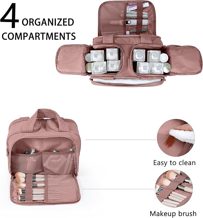 BUZFOWU Travel Toiletry Bag for Women, Large Wide-open Puffy Cosmetic Makeup Bag with Wet-Dry Separation, Multi-Pocket Organizer with Carry Handle for Toiletries, Cosmetics, Essentials, Dark Pink