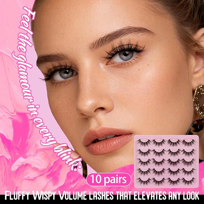 Veleasha Lashes Fluffy Eyelashes Wispy Fake Lashes Volume Eye Lashes 18mm Long Lashes C Curl Fake Eyelashes Soft False Lashes Lightweight False Eyelashes Dramatic Lash Strips 10 Pairs Pack (Firework)