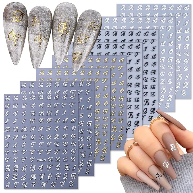 8 Sheets Retro English Nail Stickers Supply 3D Self Adhesive Letters Nail Decals Design White Black Gold Silver Personalized Alphabet Nail Art Stickers for Women DIY Nail Art Manicure Decoration