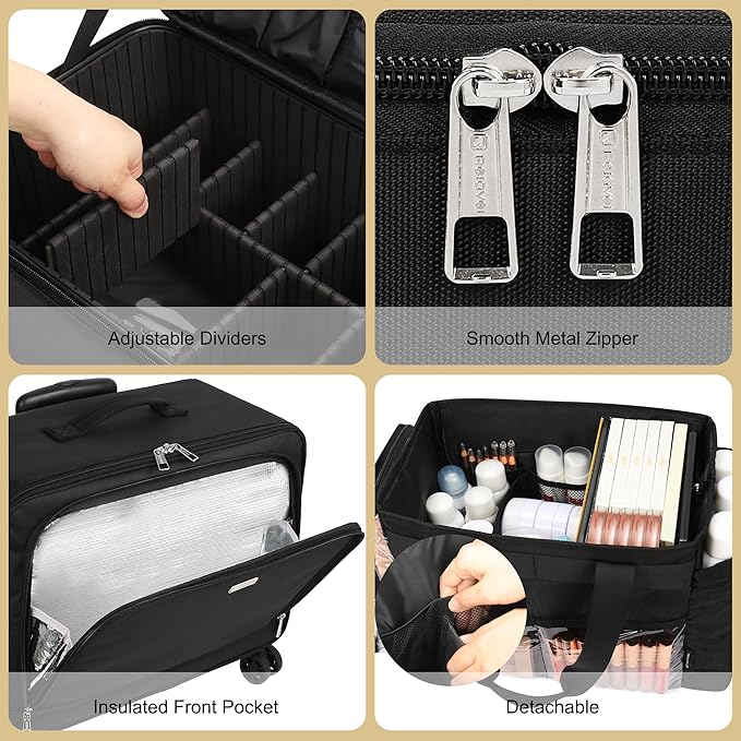 TANTO Rolling Makeup Bag, Cosmetology Case on Wheels Travel Makeup Tote Bag Pro Makeup Artist Bags 3 in 1 Extra Large Cosmetics Organizer Case with 360° Swivel Wheels and Adjustable Dividers