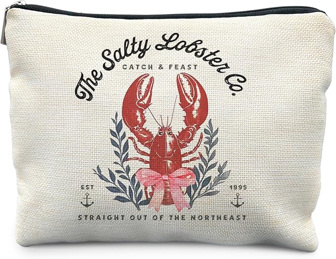 RYYCDOI Crawfish Makeup Bag, Coquette Pink Bow Coastal Beach Nautical Lobster Cosmetic Bags for Women, Summer Seafood Makeup Zipper Pouch, Gifts for Beach Lovers