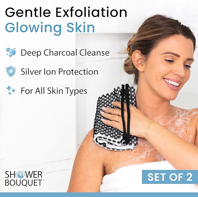 Japanese Exfoliating Washcloth for Back & Body - Charcoal & Silver Ion Exfoliating Towel - Two-Sided Gentle Exfoliation