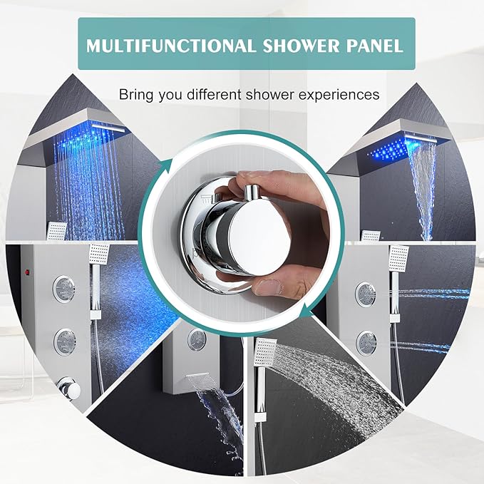 KINKIB LED Shower Panel Tower System, 6-in-1 Shower Tower with Rainfall Waterfall Shower Head, 2 Modes Powerful Body Jets, Handheld Shower and Tub Spout, Stainless Steel Shower Column, Brushed Finish