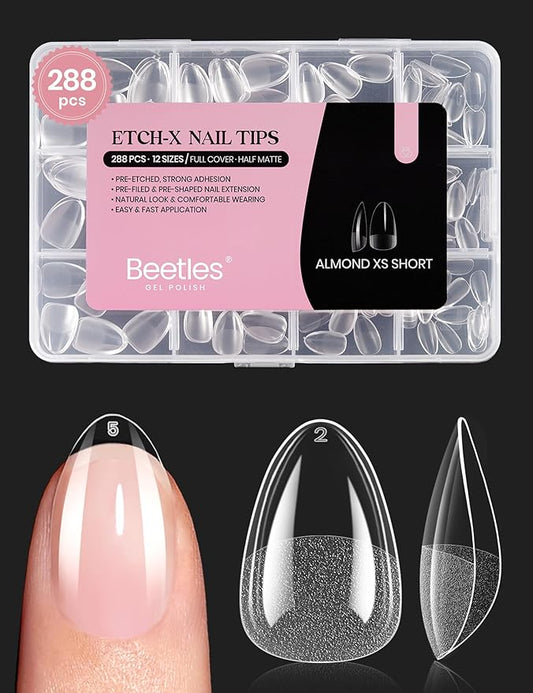 Beetles Extra Short Almond Nail Tips, 12 Sizes 288 PCS Pre-Shaped Clear Full Cover Etch Gel Nail Tips Clear Acrylic Press on Nails Extension for Girls Women Nail Art Design, Nail Glue Needed