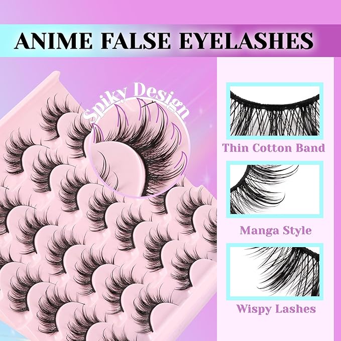 Losha Lashes Spiky Manga Lashes 14 Pairs Asian Anime Eye Lashes Kit with Lash Glue and Lash Tweezers Wet Look Wispy False Eyelashes (Spiky)