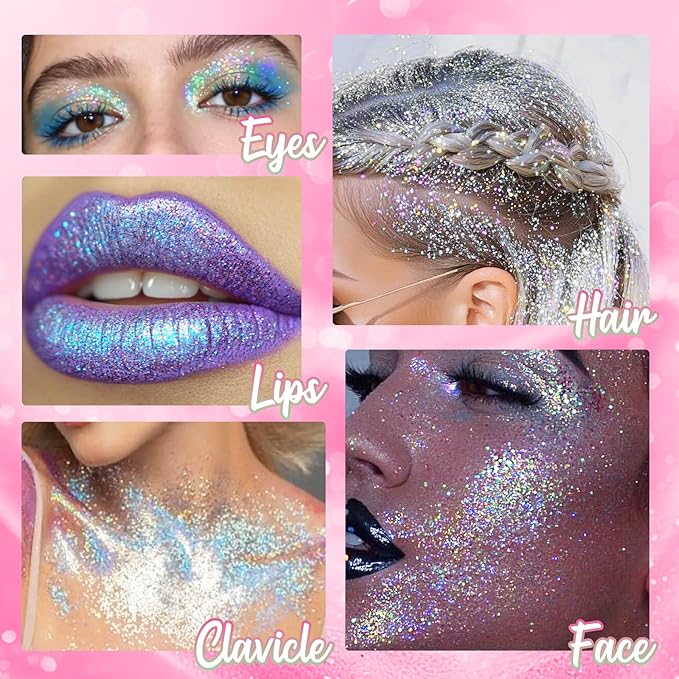 Flamingo Rolling Glitter for Face Body & Hair, Sparkling Holographic Chunky Shimmer, Roll-on Sequins for Singer Concert Rave Festival Halloween Party Carnival, 1.35fl.oz