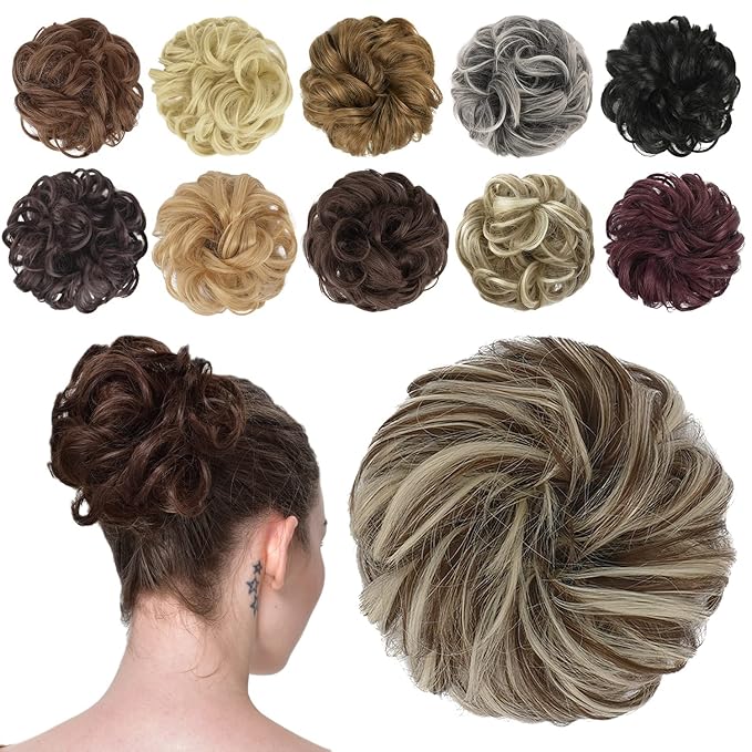 FESHFEN Messy Bun Hair Piece - Wavy Synthetic Chignon Scrunchies for Instant Volume, Elastic Bun Ponytail Hair Extensions Thick Hairpieces for Women, Golden Brown & Bleach Blonde 1.50 oz