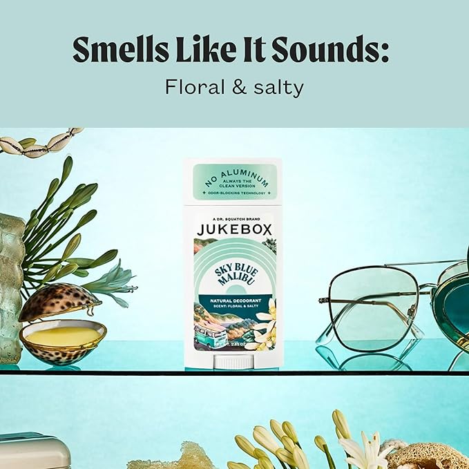 JUKEBOX Natural Deodorant for Women–Sky Blue Malibu Scent– Aluminum-Free, No Baking Soda, No Harsh Chemicals, Odor Blocking Technology, Neroli, Orange, Sea Salt-a Dr. Squatch Brand-2.65oz, 2 Pack
