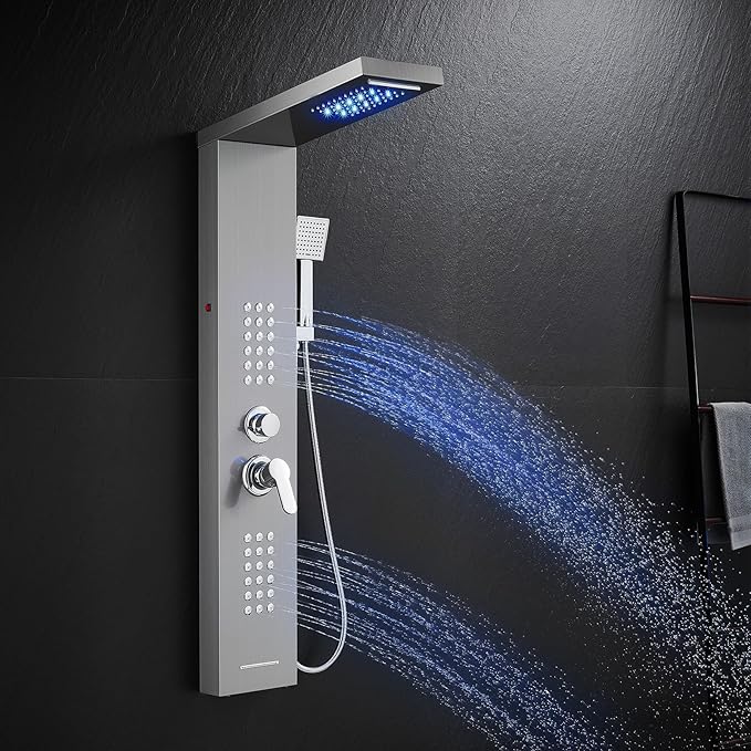 KINKIB LED Shower Panel Tower System with Rainfall Waterfall Shower Head, 5-in-1 Shower Tower with Powerful Body Jets, Handheld and Tub Spout, Shower Column Stainless Steel, Brushed Finish