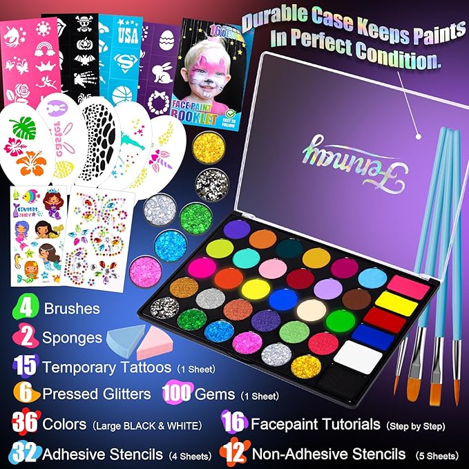 Face Painting Kit for Kids, 36 Colors XL Face Paint Makeup Palette, Non-Toxic and Hypoallergenic| with Stencils, Book, Easy to Use and Safe for Kids, Fun for Halloween, Party, School Event