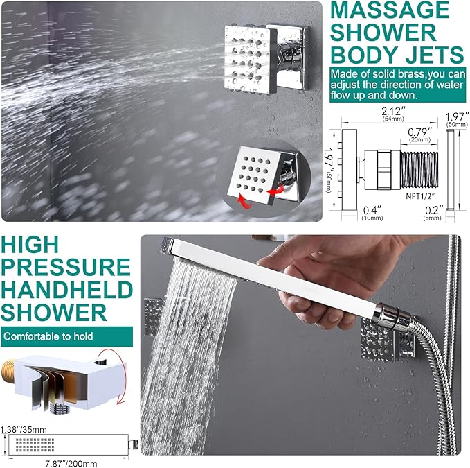 HOMEDEC Dual Shower Heads Shower System with Rain Shower and Handheld, 6pcs Body Jets with 15.7x31.5" Rainfall and 6" Shower Heads, Chrome