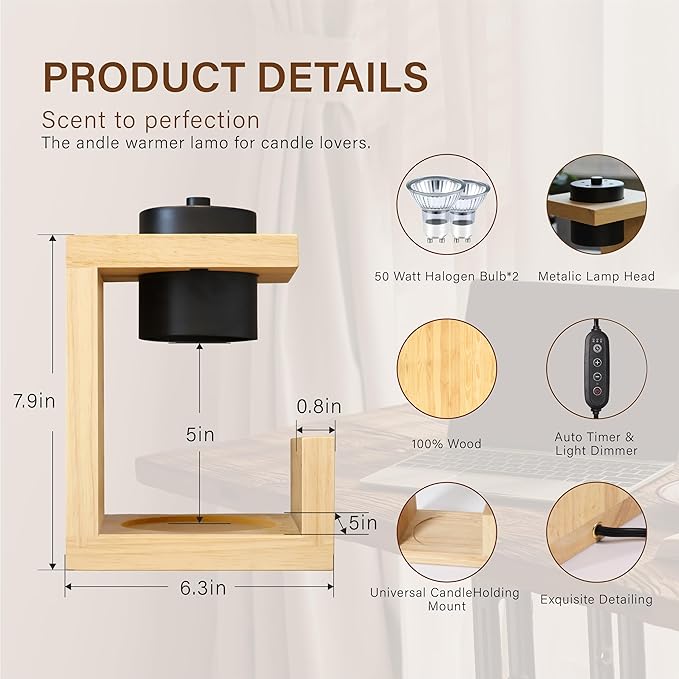 Candle Warmer Lamp, with 2 Bulbs,Timer & Dimmer,Simple Natural Wood,Compatible Up to 4.5 inch Candles,for Home Scented and Décor，110-120V (Wood)