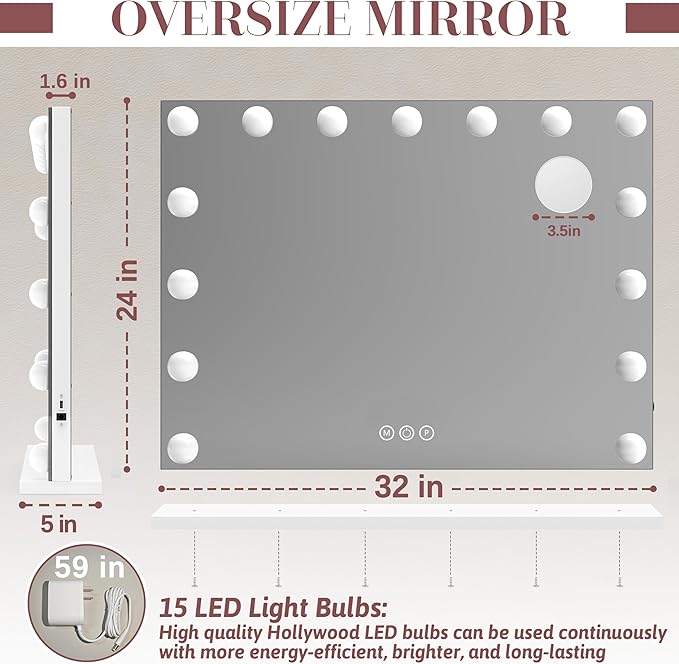 ROLOVE 32"x24" Hollywood Vanity Mirror with Lights, 18 Dimmable LED Bulbs, 3 Color Modes, 10X Magnification, USB Charging Port, Tabletop or Wall-Mounted