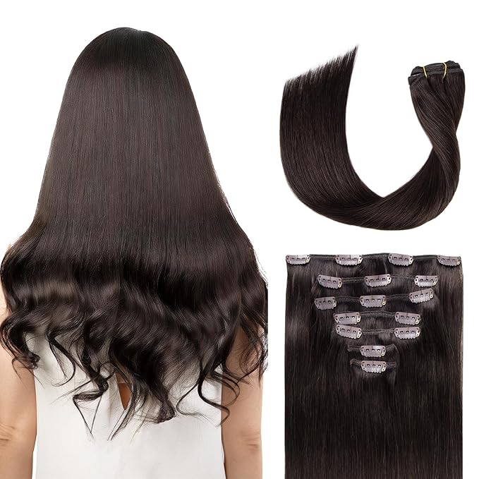Clip in Hair Extensions Real Human Hair, Remy Human Hair Clip in Extensions for Long Hair, Dark Brown Straight Hair Extensions Add Volum add Length #2 16Inch 120G 7PCS