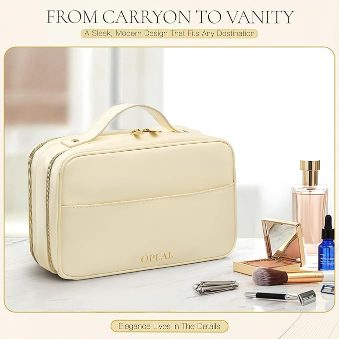 OPEAL Women’s Travel Makeup Organizer – Waterproof Modular Cosmetic Case with Compartments, Elegant Toiletry Bag for Carry-On & Daily Essentials, Cream