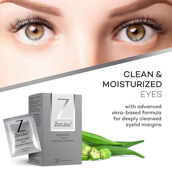 Zocular Zocuwipe Eyelid Wipes with Natural Okra Complex – Gentle Eyelid Cleansing & Moisturizing Pads – 40 Count